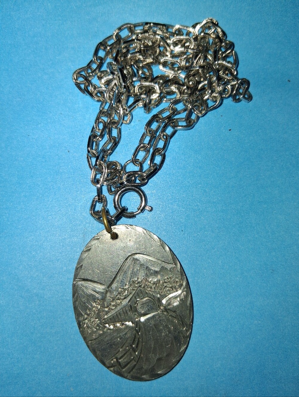 Vintage 24" Silver Tone Chain With Covered Bridge Pendant
